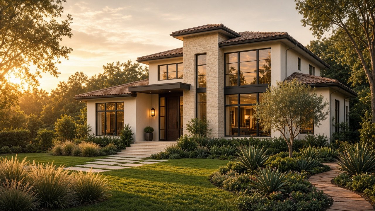 Modern American home at golden hour